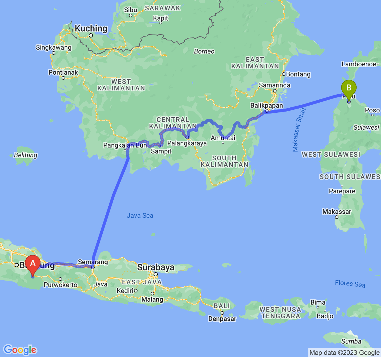 rute perjalanan Kota Tasikmalaya-Kota Palu