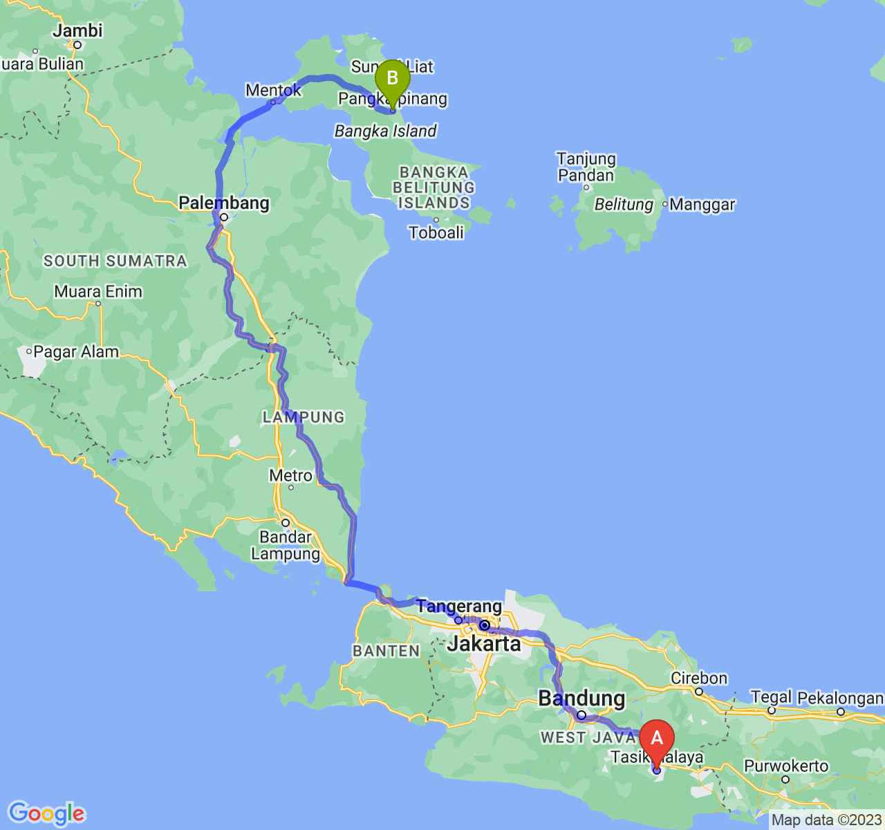 rute perjalanan Kota Tasikmalaya-Kota Pangkalpinang