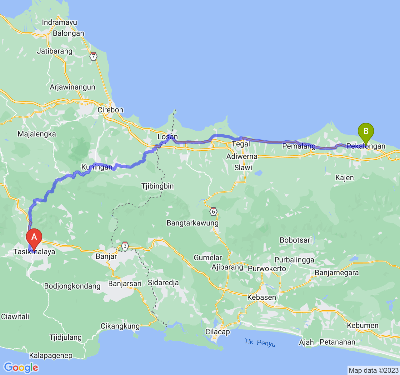 rute perjalanan Kota Tasikmalaya-Kota Pekalongan