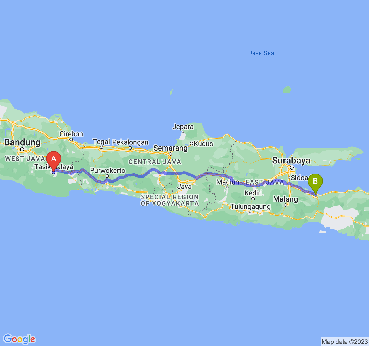 rute perjalanan Kota Tasikmalaya-Kota Probolinggo