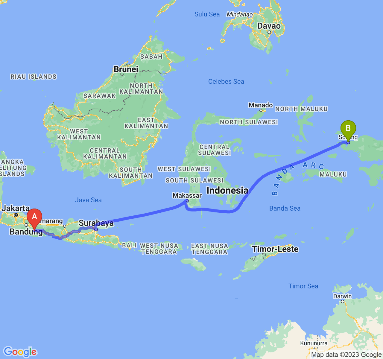 rute perjalanan Kota Tasikmalaya-Kota Sorong