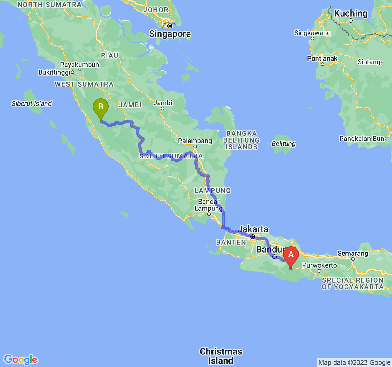 rute perjalanan Kota Tasikmalaya-Kota Sungai Penuh