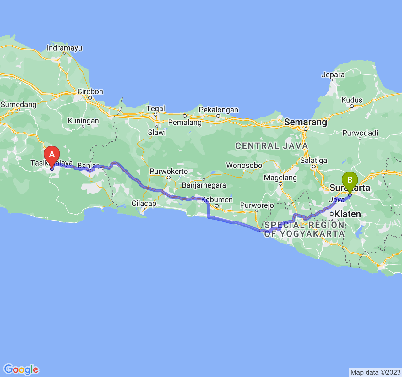 rute perjalanan Kota Tasikmalaya-Kota Surakarta