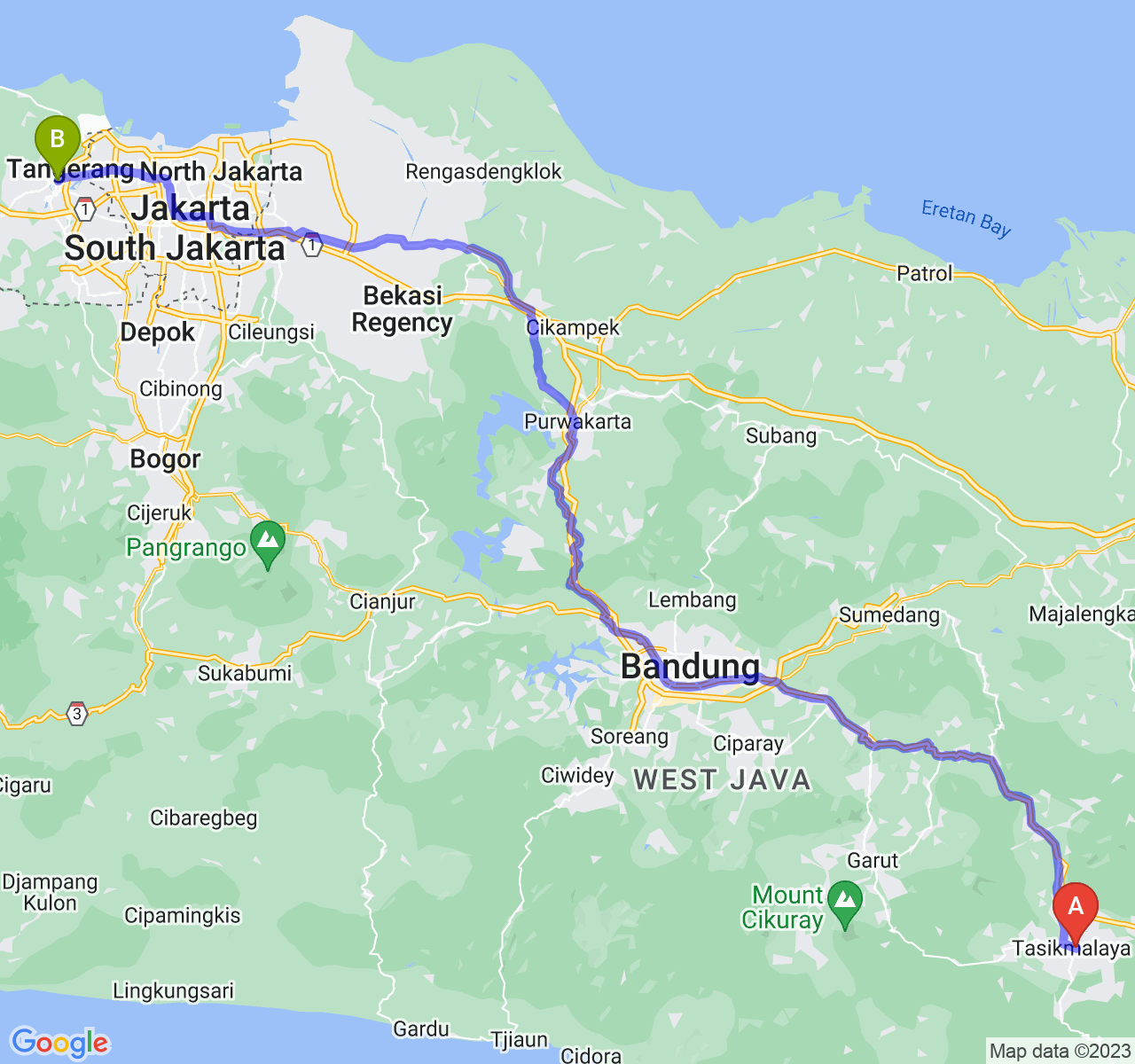 rute perjalanan Kota Tasikmalaya-Kota Tangerang