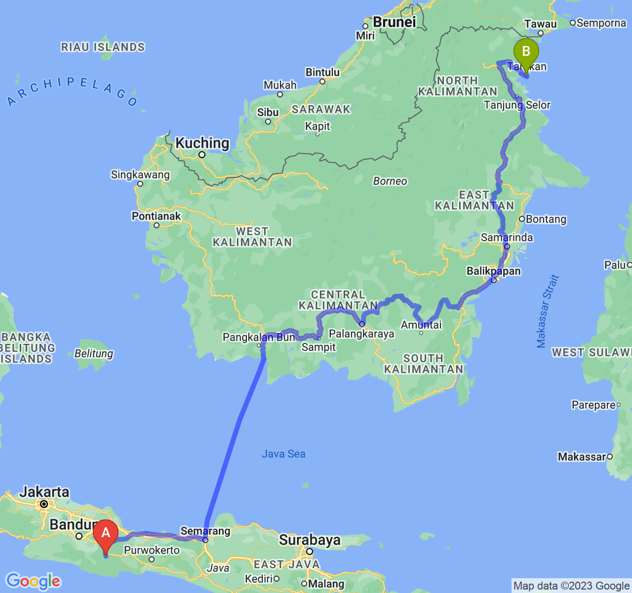 rute perjalanan Kota Tasikmalaya-Kota Tarakan