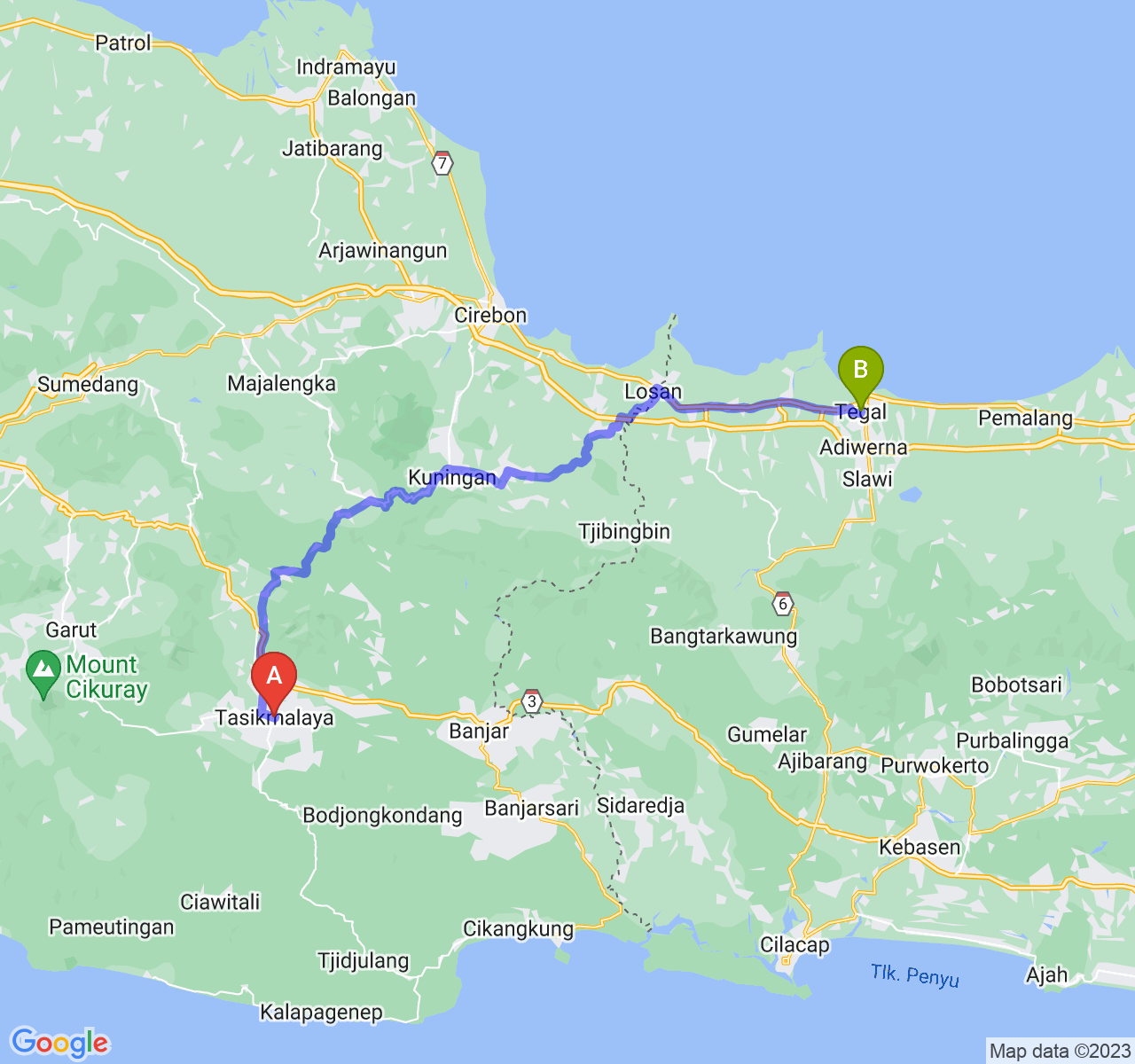 rute perjalanan Kota Tasikmalaya-Kota Tegal