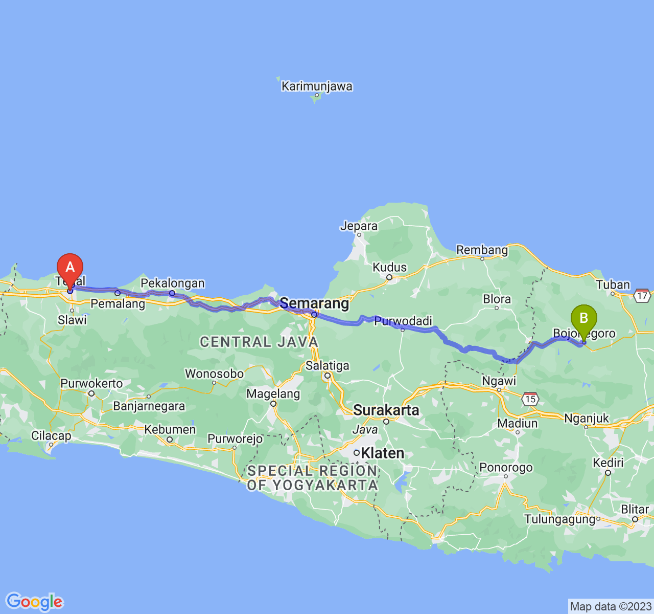 rute perjalanan Kota Tegal-Kab. Bojonegoro