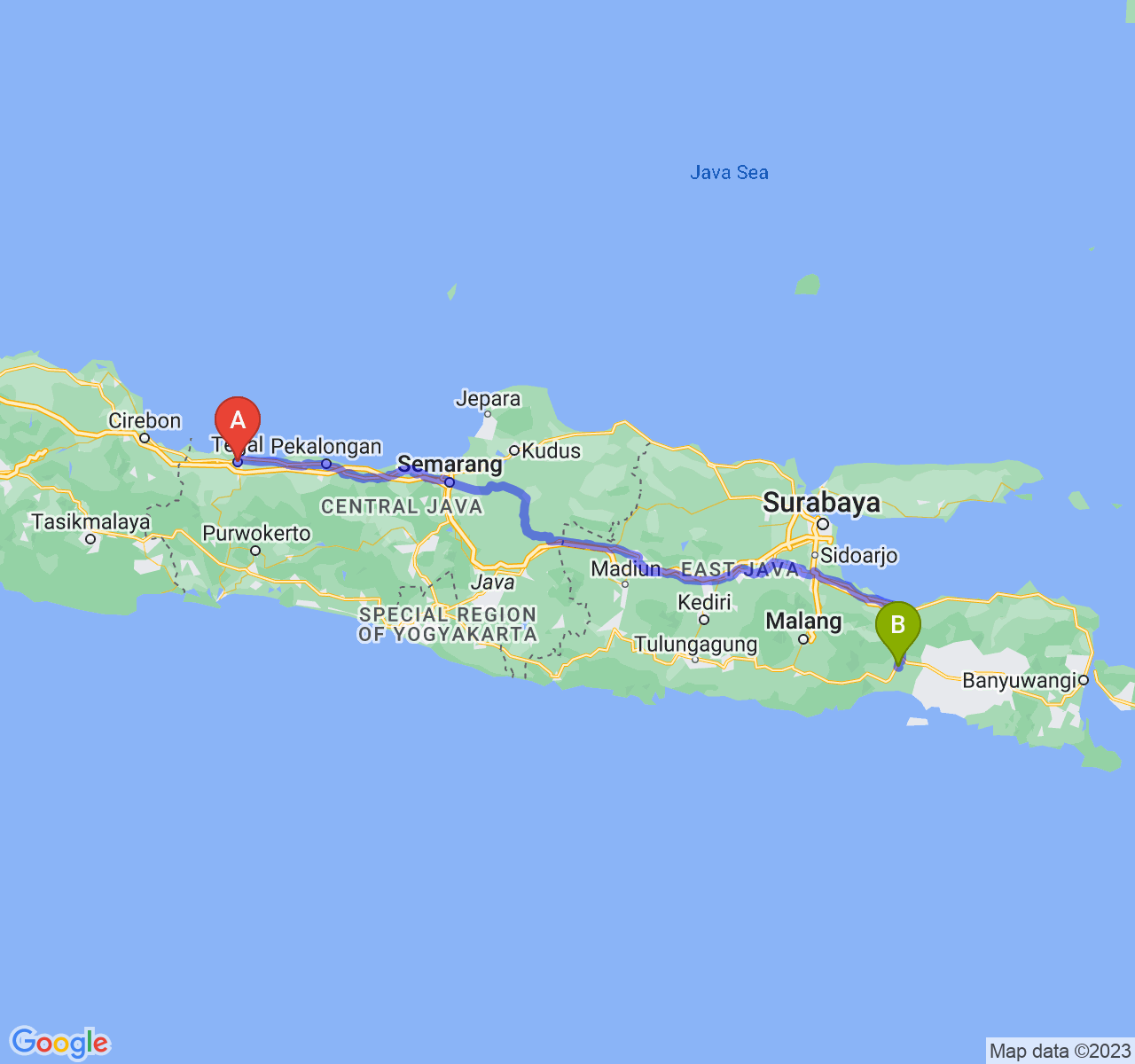 rute perjalanan Kota Tegal-Kab. Lumajang