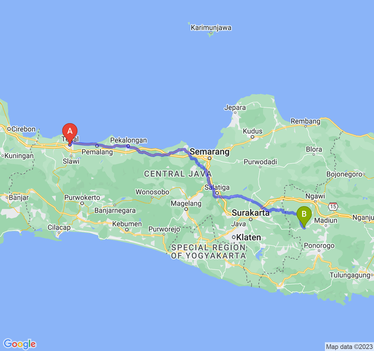 rute perjalanan Kota Tegal-Kab. Magetan