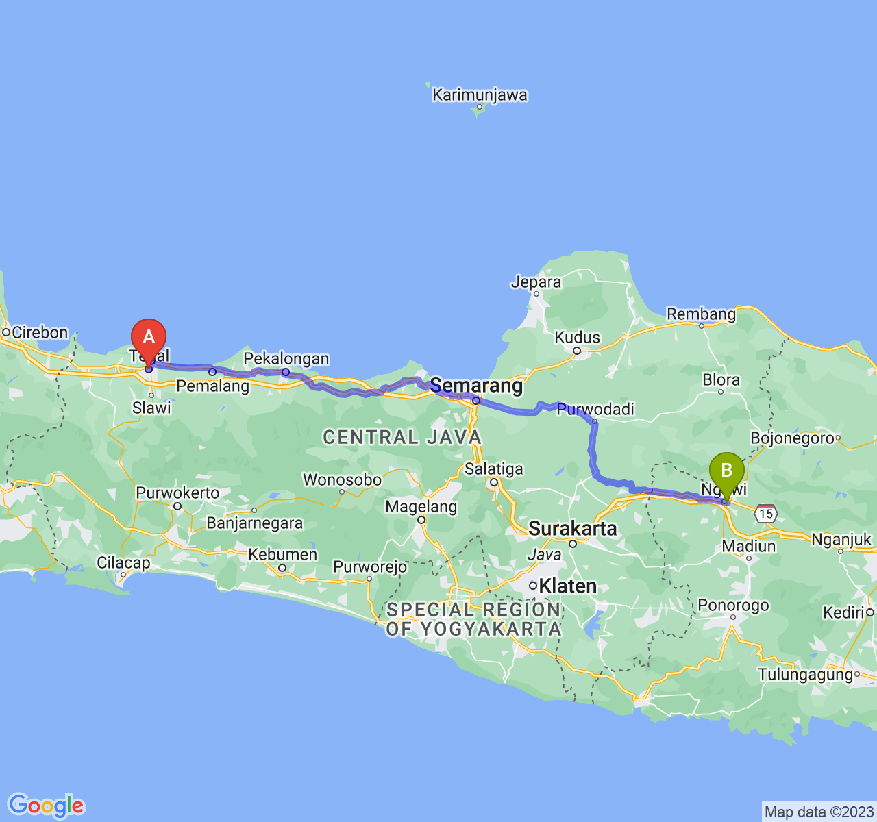 rute perjalanan Kota Tegal-Kab. Ngawi