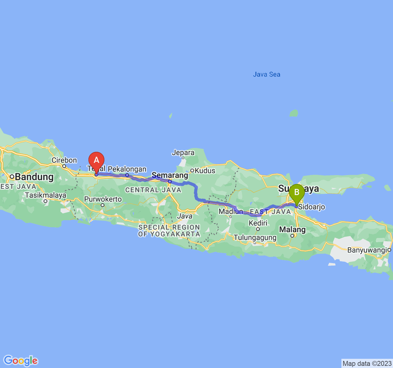 rute perjalanan Kota Tegal-Kab. Sidoarjo