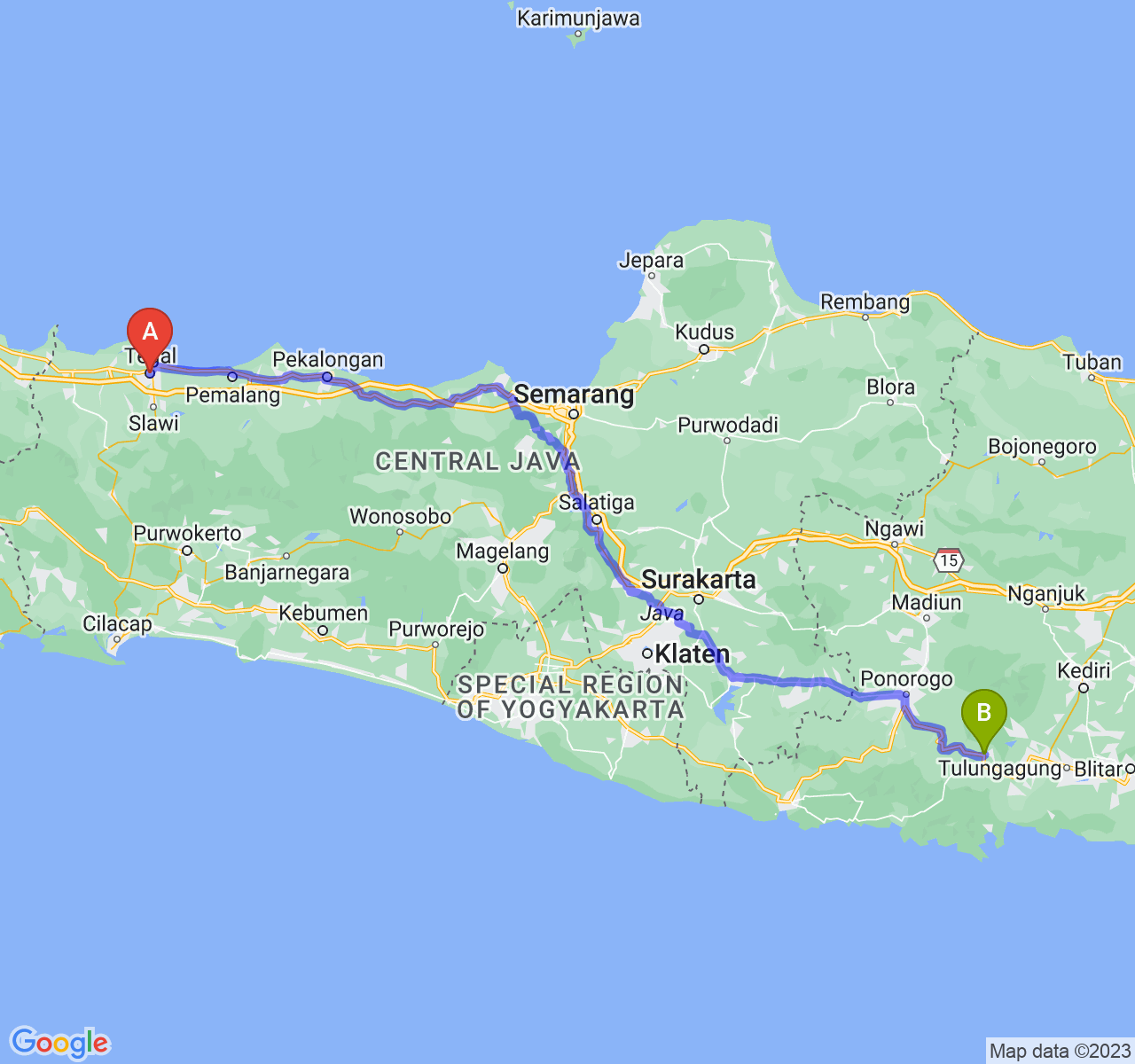 rute perjalanan Kota Tegal-Kab. Trenggalek