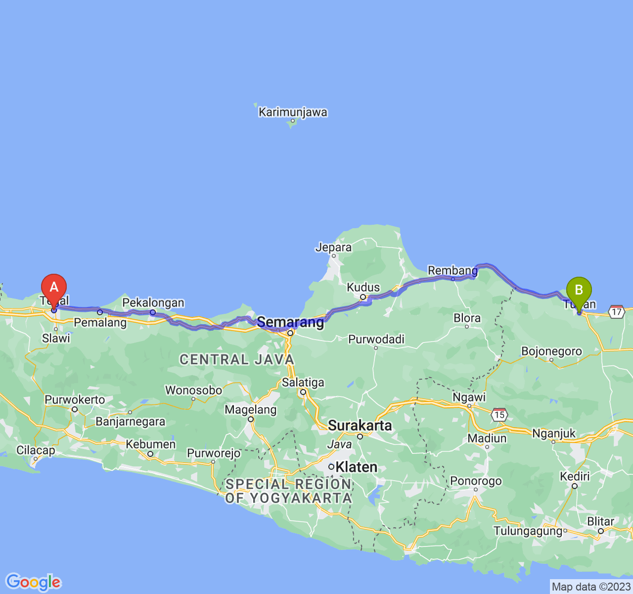 rute perjalanan Kota Tegal-Kab. Tuban