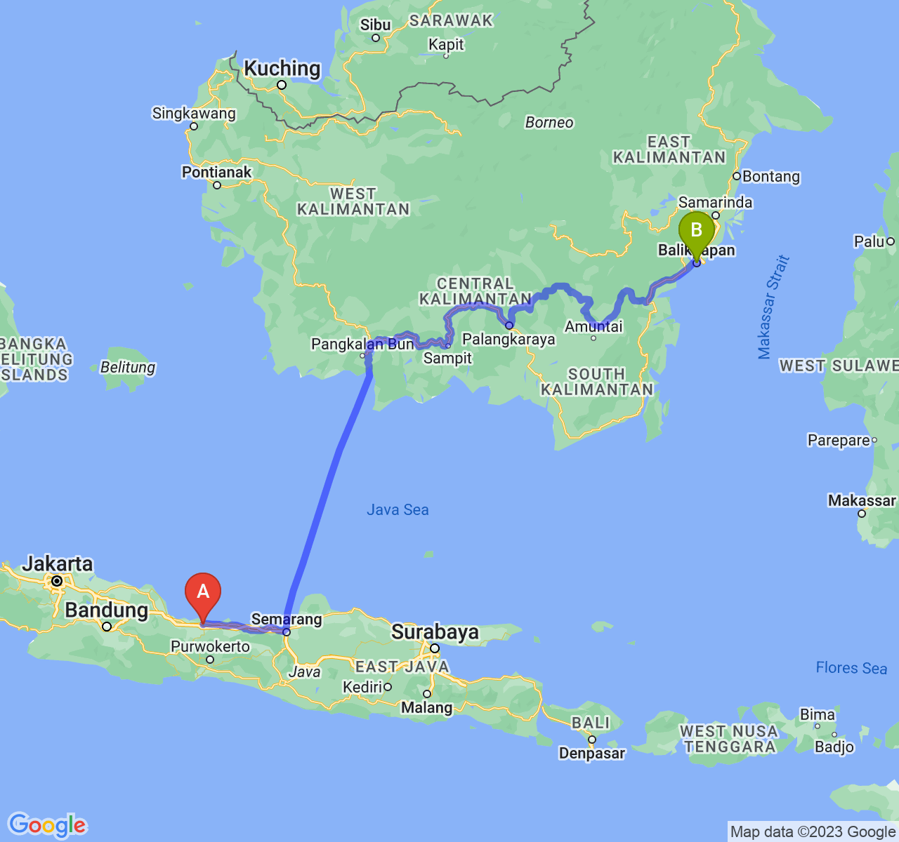 rute perjalanan Kota Tegal-Kota Balikpapan