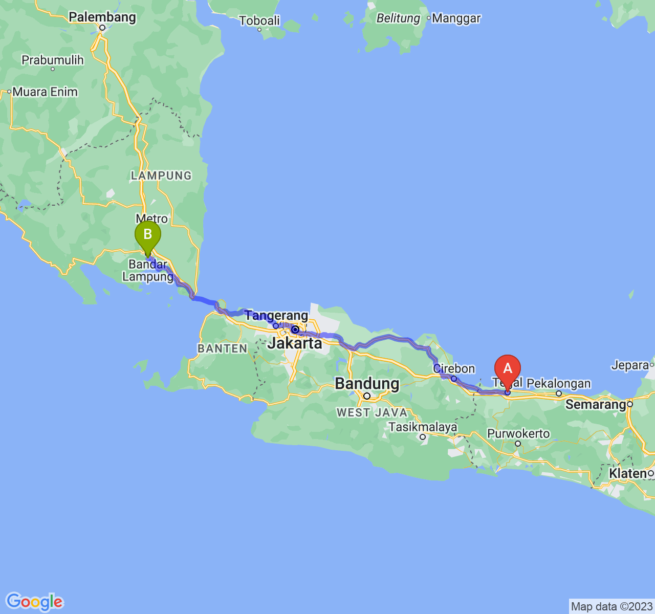 rute perjalanan Kota Tegal-Kota Bandar Lampung