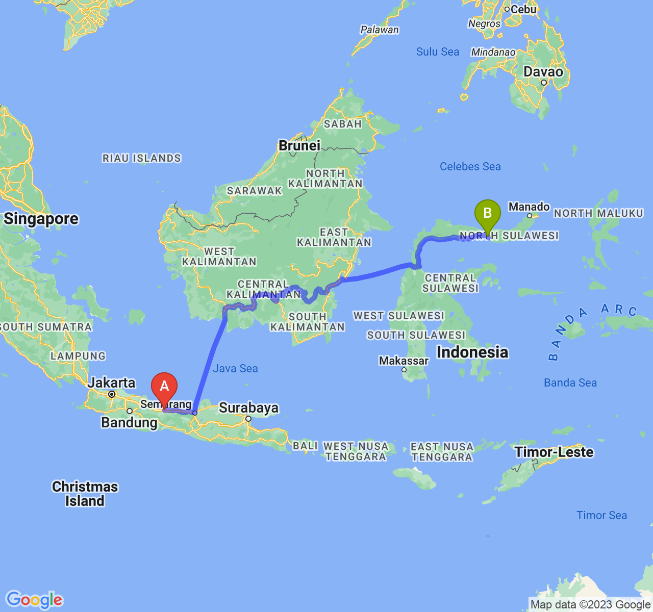 rute perjalanan Kota Tegal-Kota Gorontalo