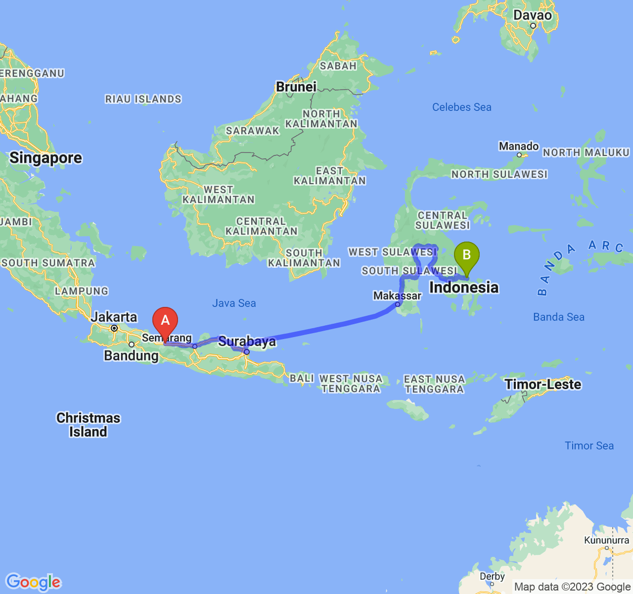 rute perjalanan Kota Tegal-Kota Kendari