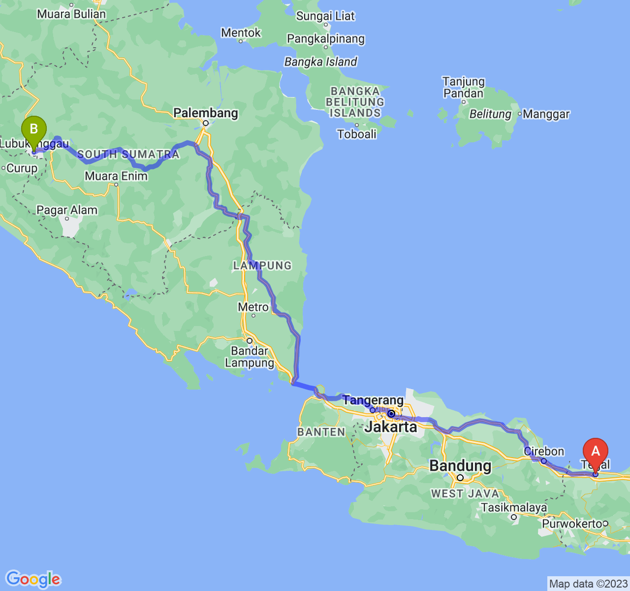 rute perjalanan Kota Tegal-Kota Lubuk Linggau