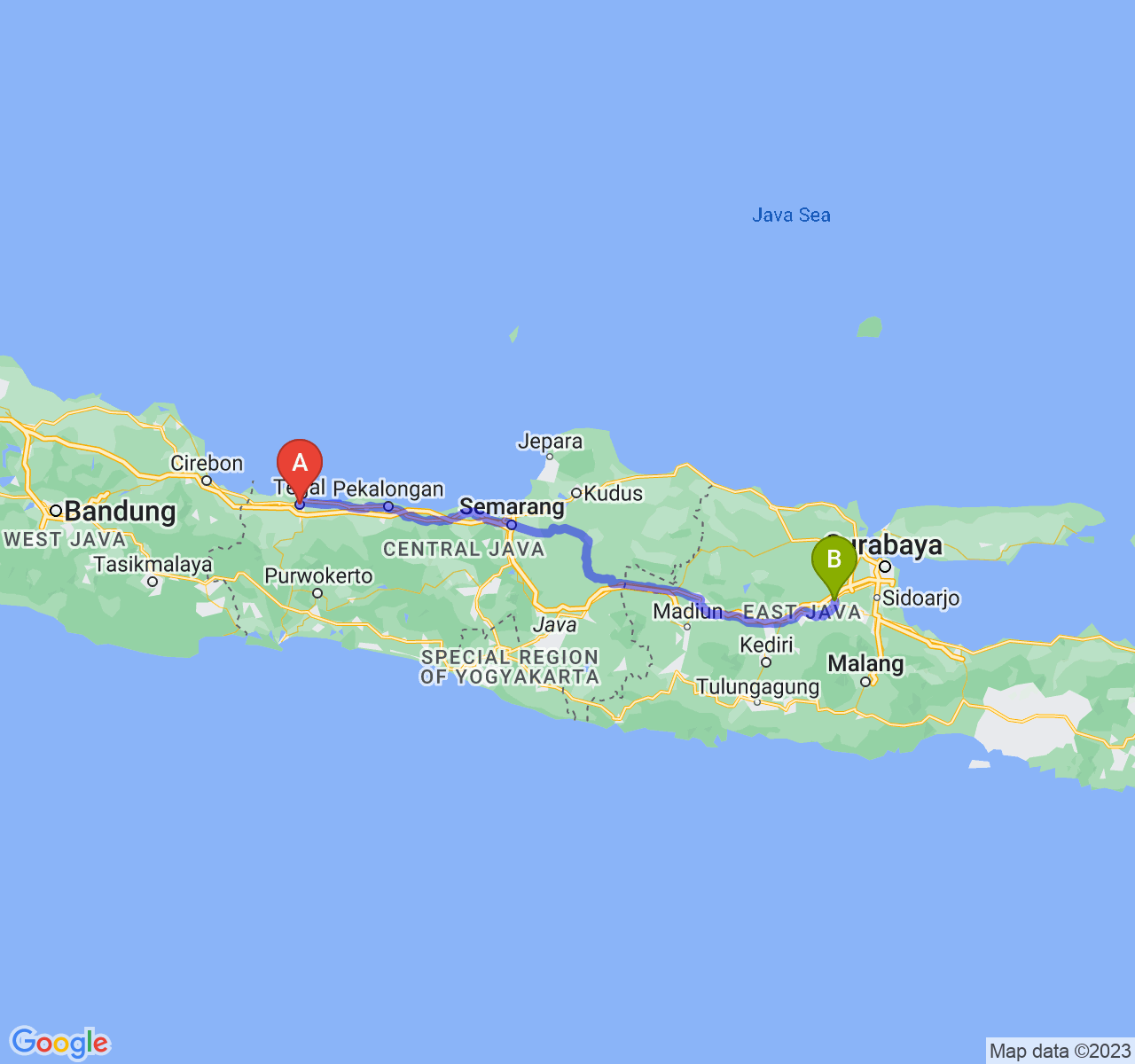 rute perjalanan Kota Tegal-Kota Mojokerto