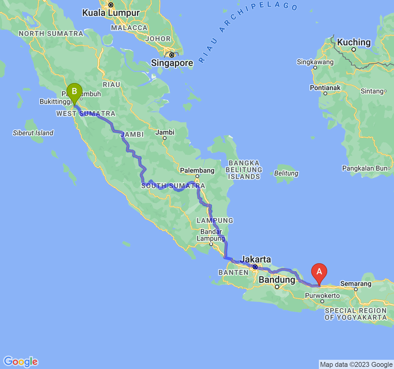 rute perjalanan Kota Tegal-Kota Padang Panjang