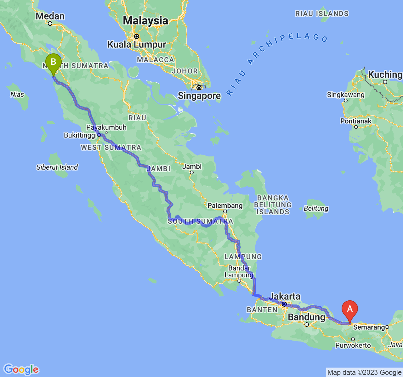 rute perjalanan Kota Tegal-Kota Sibolga