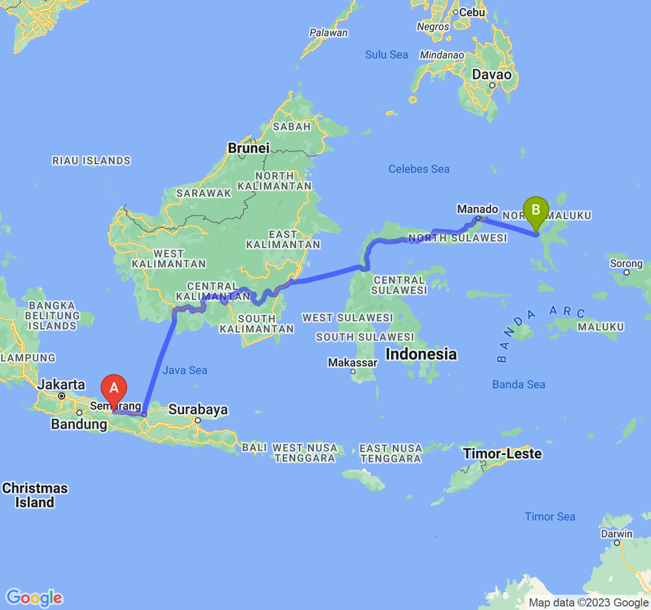 rute perjalanan Kota Tegal-Kota Ternate