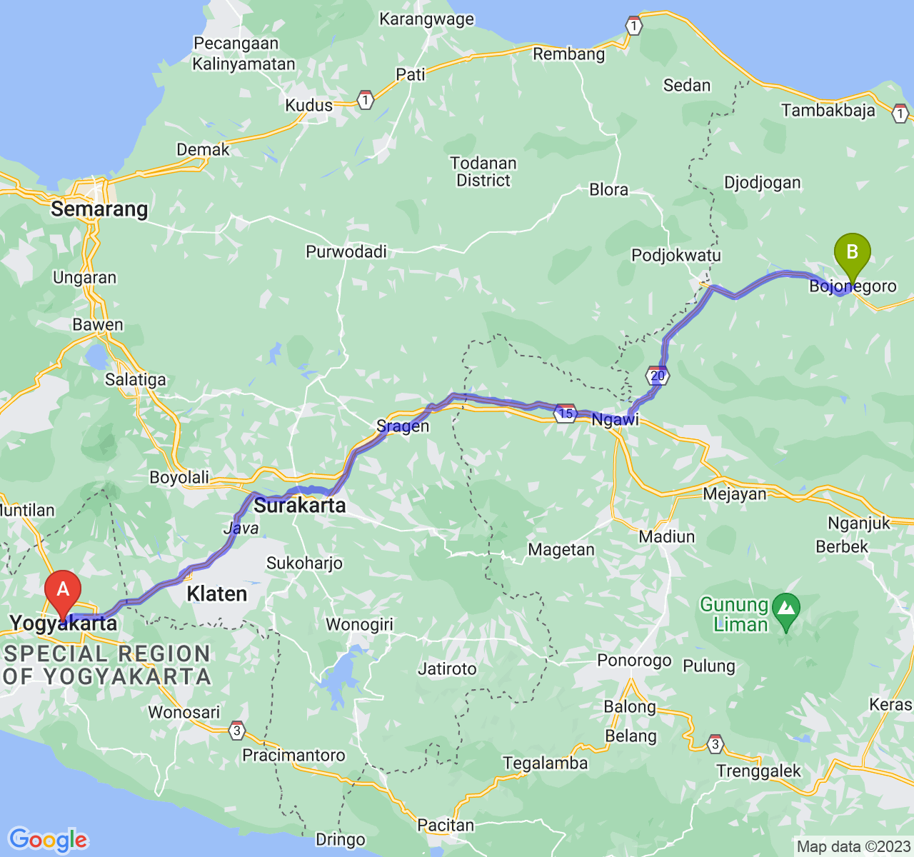 rute perjalanan Kota Yogyakarta-Kab. Bojonegoro