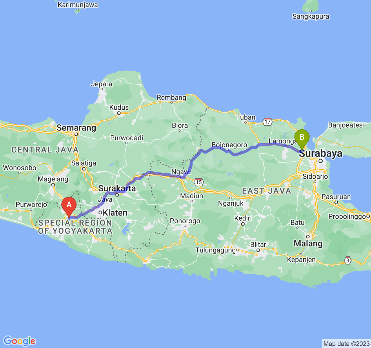 rute perjalanan Kota Yogyakarta-Kab. Gresik