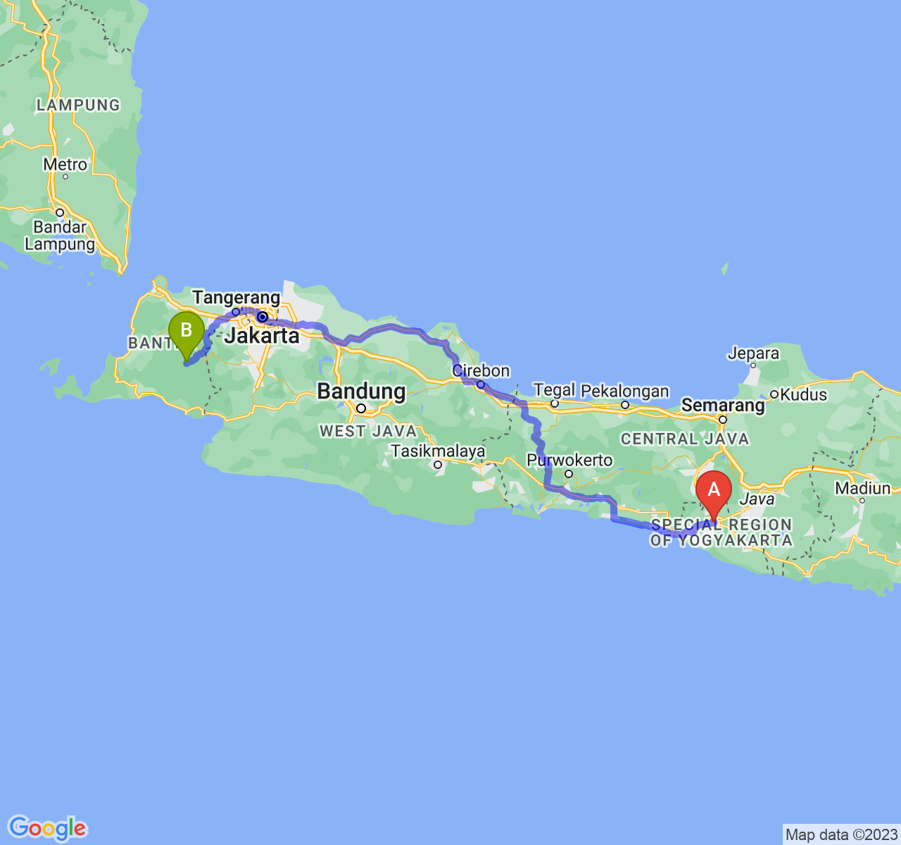 rute perjalanan Kota Yogyakarta-Kab. Lebak