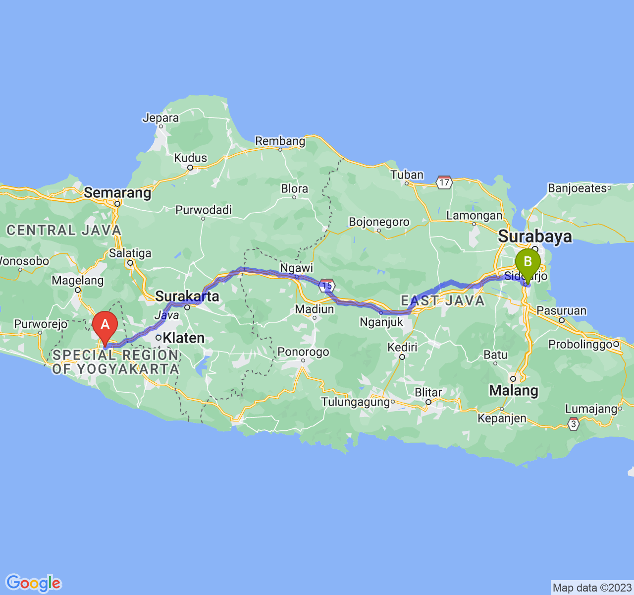 rute perjalanan Kota Yogyakarta-Kab. Sidoarjo