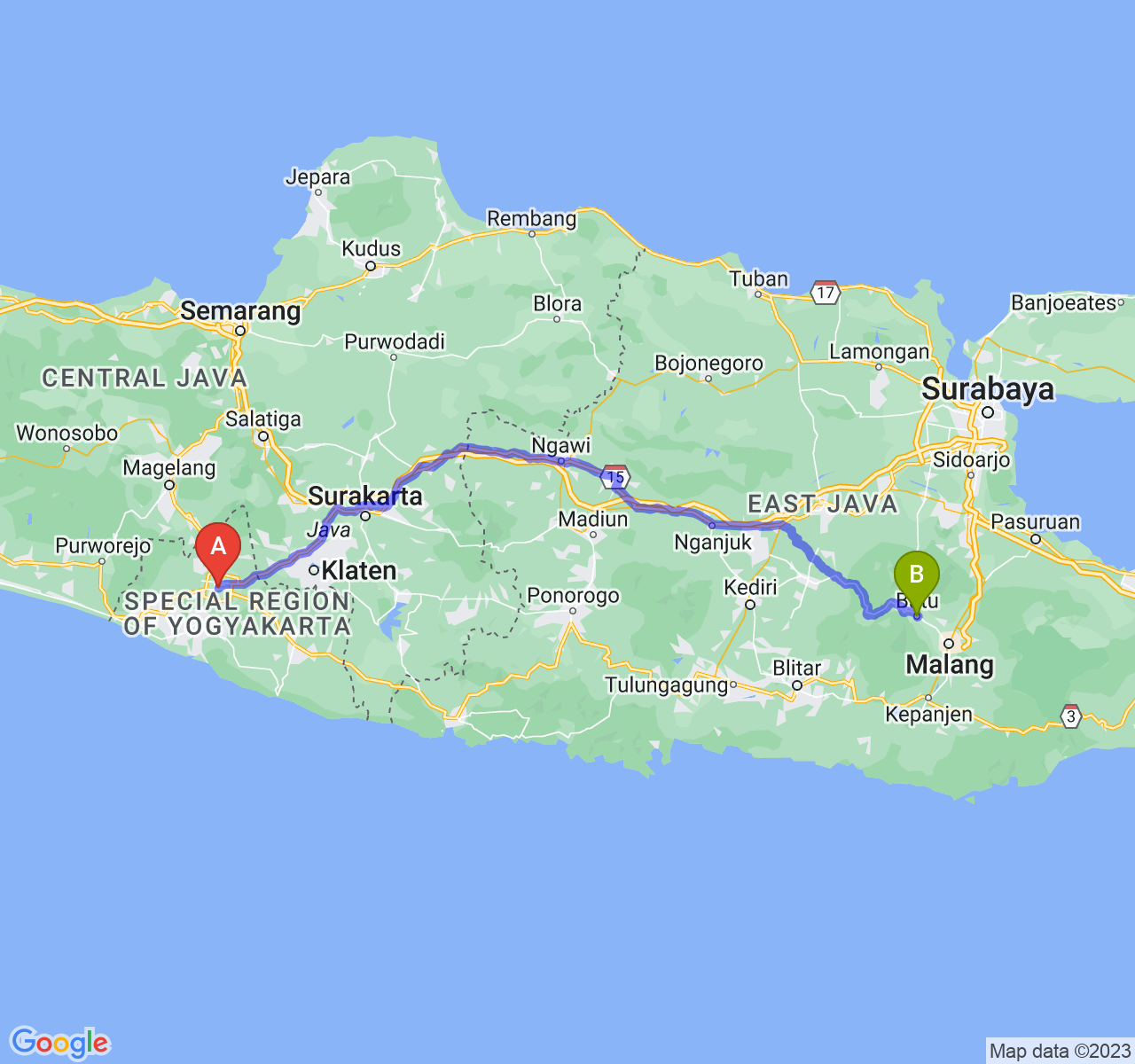 rute perjalanan Kota Yogyakarta-Kota Batu