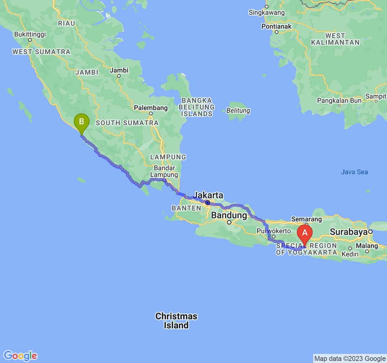 rute perjalanan Kota Yogyakarta-Kota Bengkulu