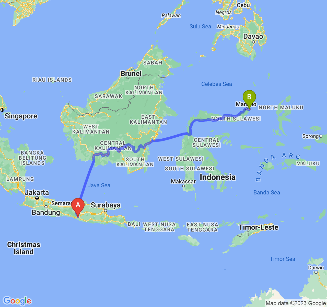 rute perjalanan Kota Yogyakarta-Kota Bitung