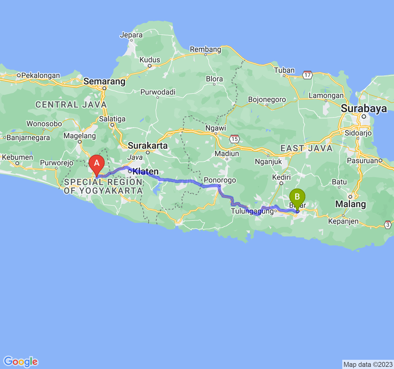 rute perjalanan Kota Yogyakarta-Kota Blitar