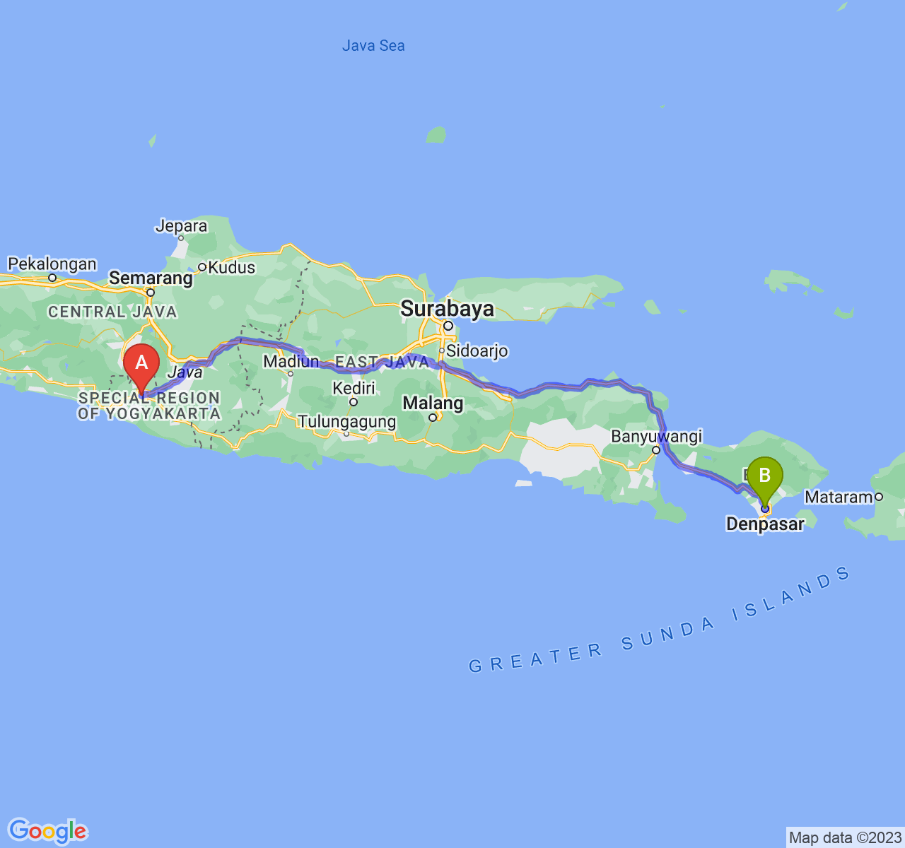 rute perjalanan Kota Yogyakarta-Kota Denpasar