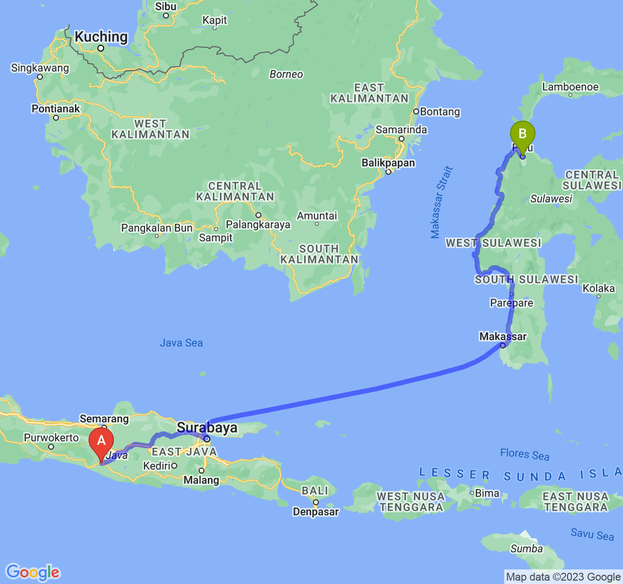 rute perjalanan Kota Yogyakarta-Kota Palu