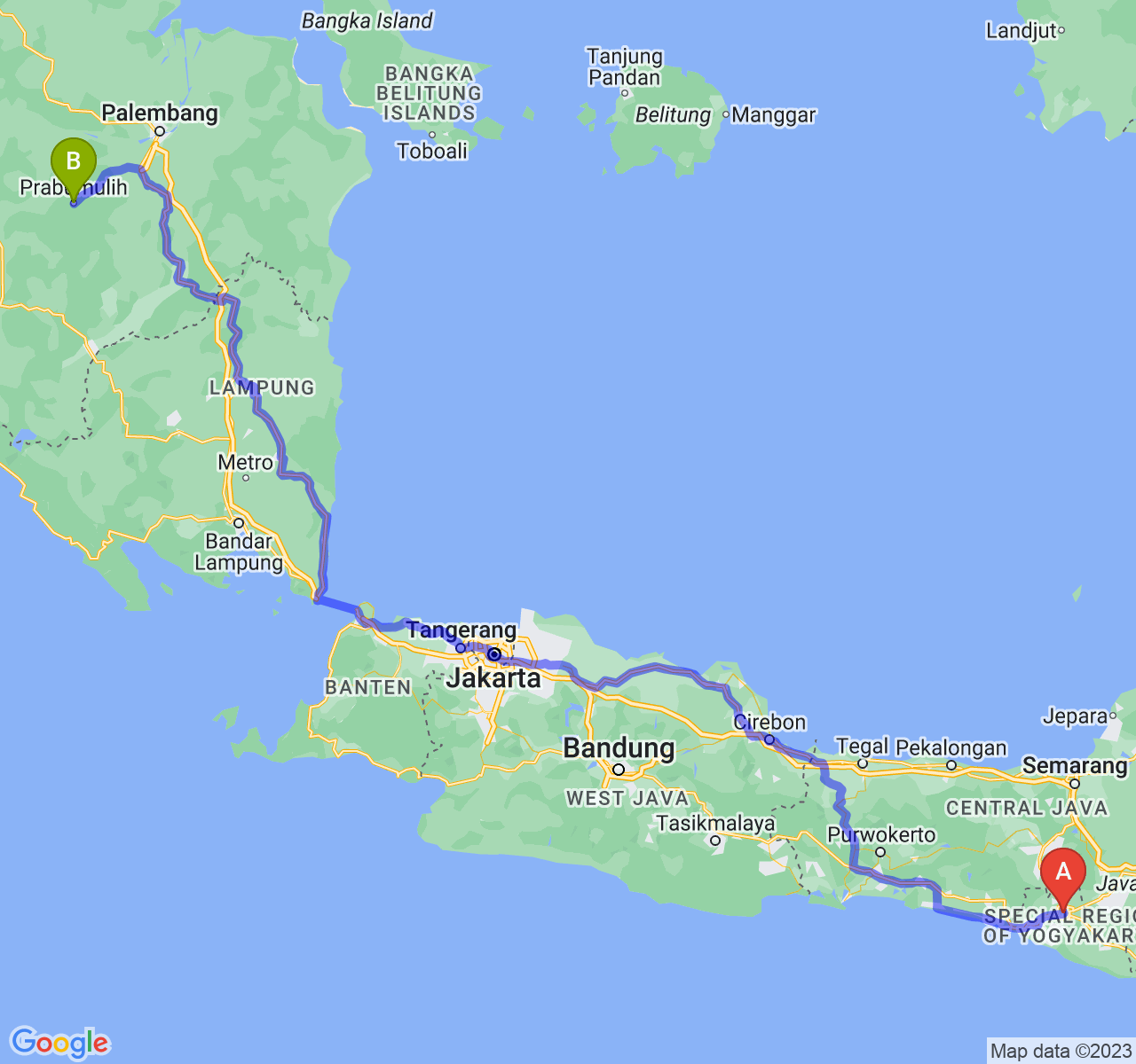 rute perjalanan Kota Yogyakarta-Kota Prabumulih