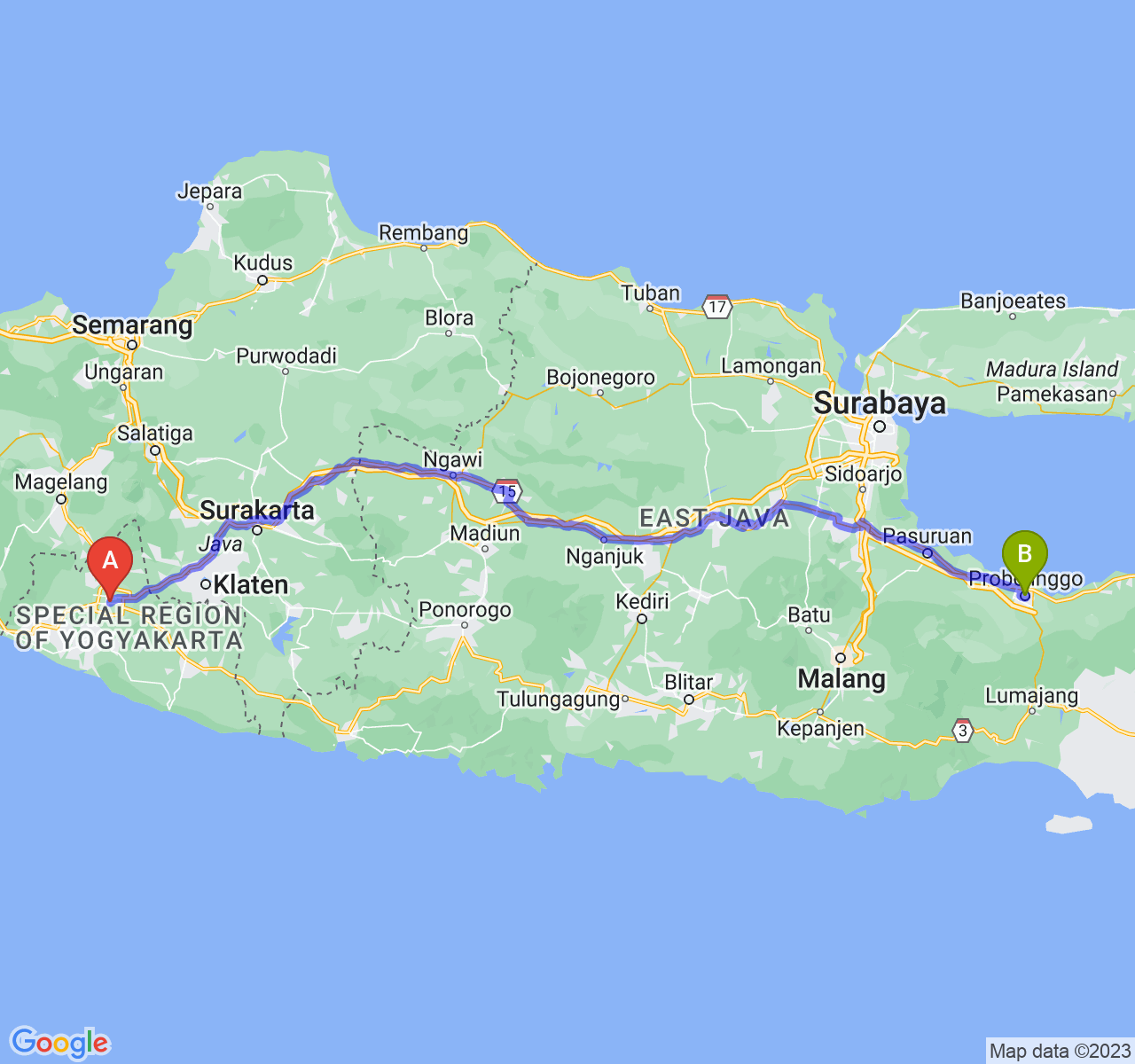 rute perjalanan Kota Yogyakarta-Kota Probolinggo