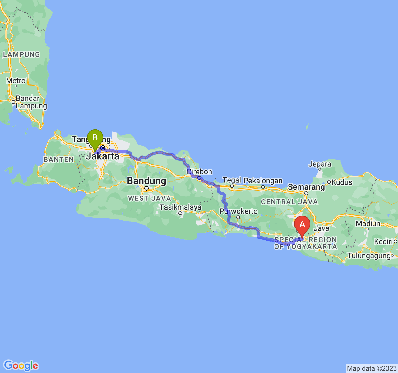 rute perjalanan Kota Yogyakarta-Kota Tangerang Selatan