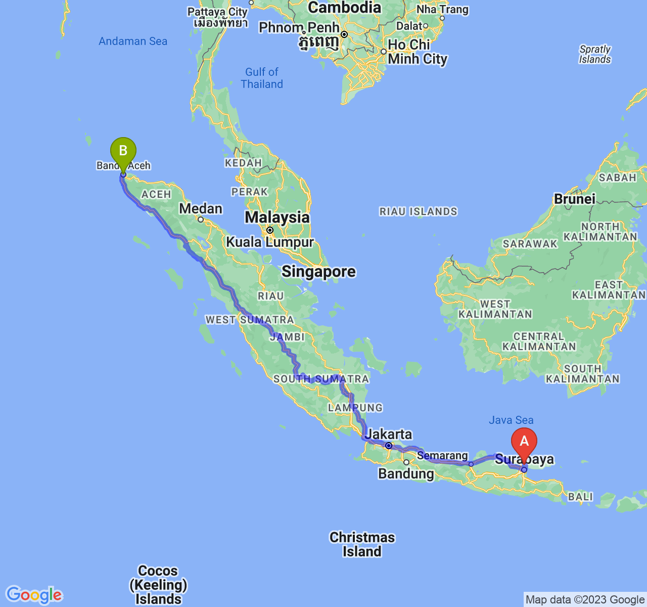 perjalanan dengan rute Kab. Bangkalan-Kota Banda Aceh