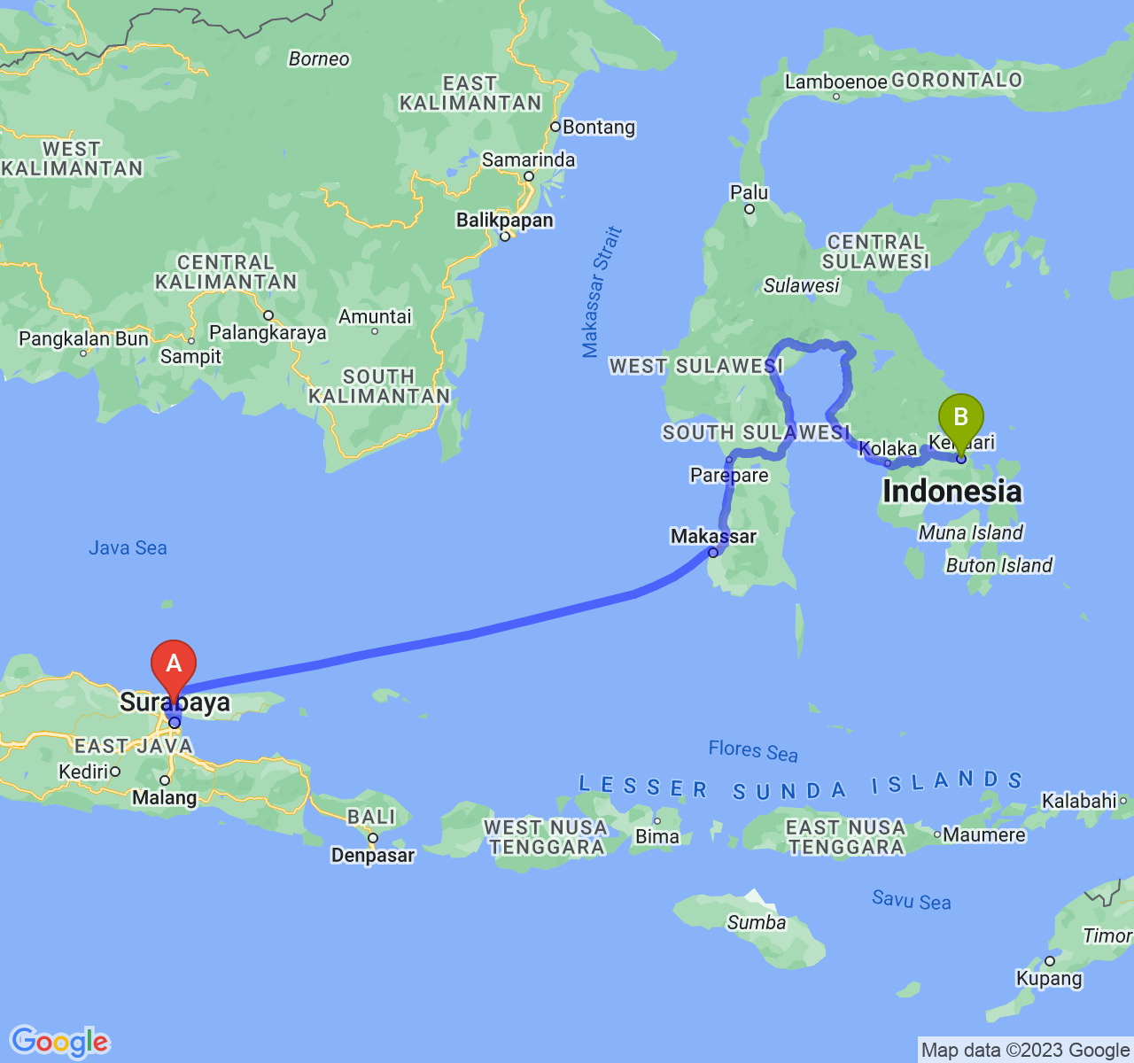 perjalanan dengan rute Kab. Bangkalan-Kota Kendari