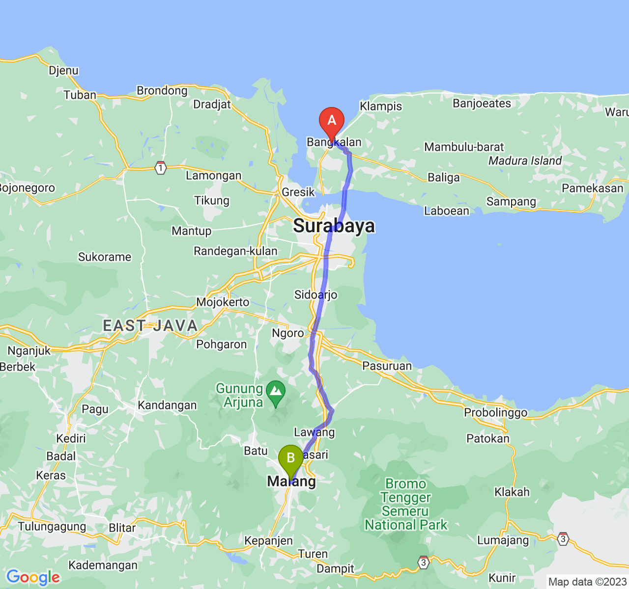 perjalanan dengan rute Kab. Bangkalan-Kota Malang