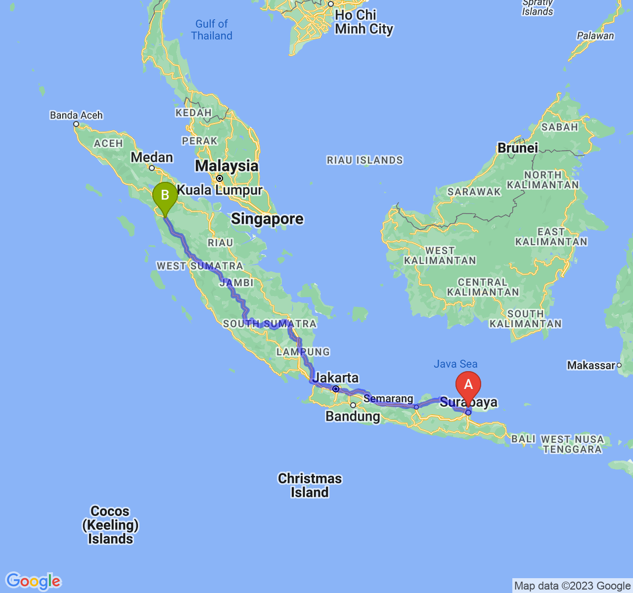 perjalanan dengan rute Kab. Bangkalan-Kota Padang Sidimpuan