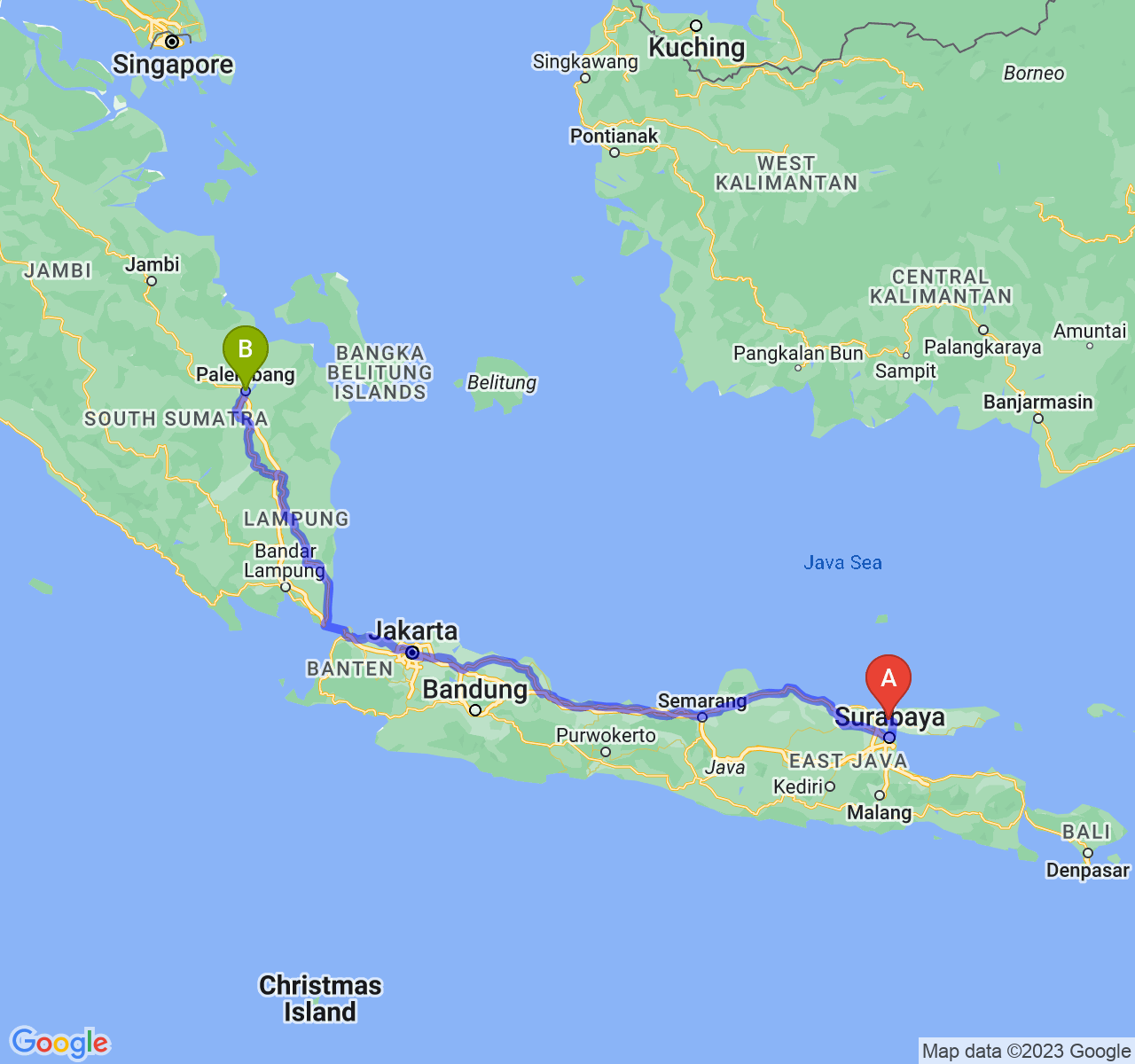 perjalanan dengan rute Kab. Bangkalan-Kota Palembang