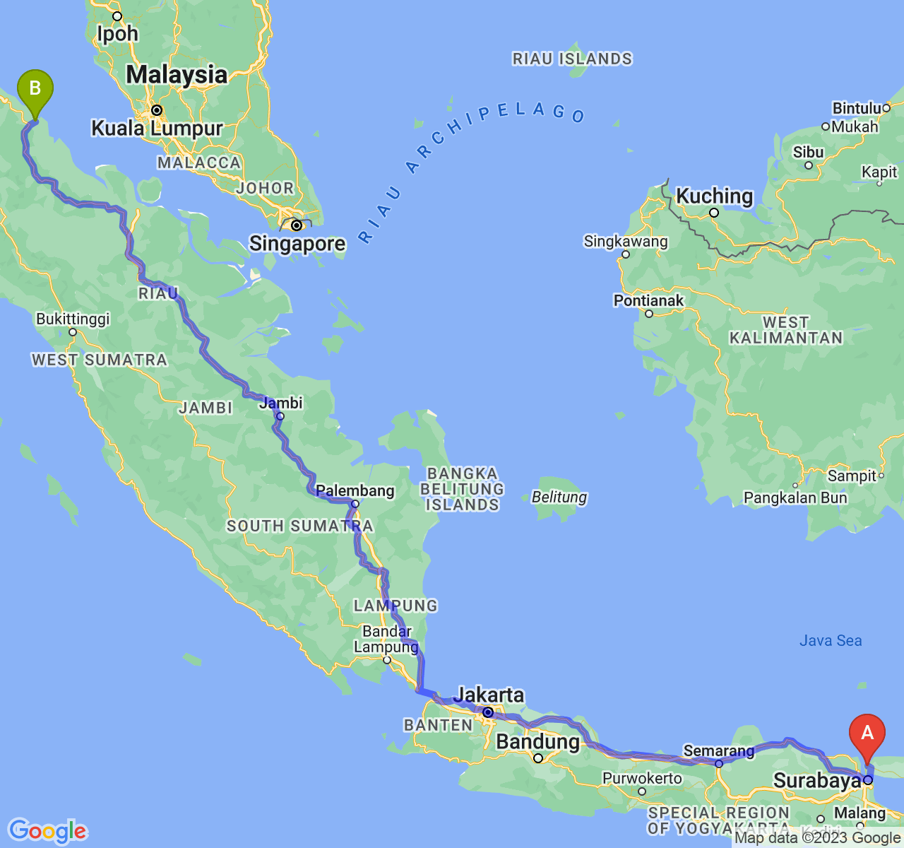 perjalanan dengan rute Kab. Bangkalan-Kota Tanjung Balai