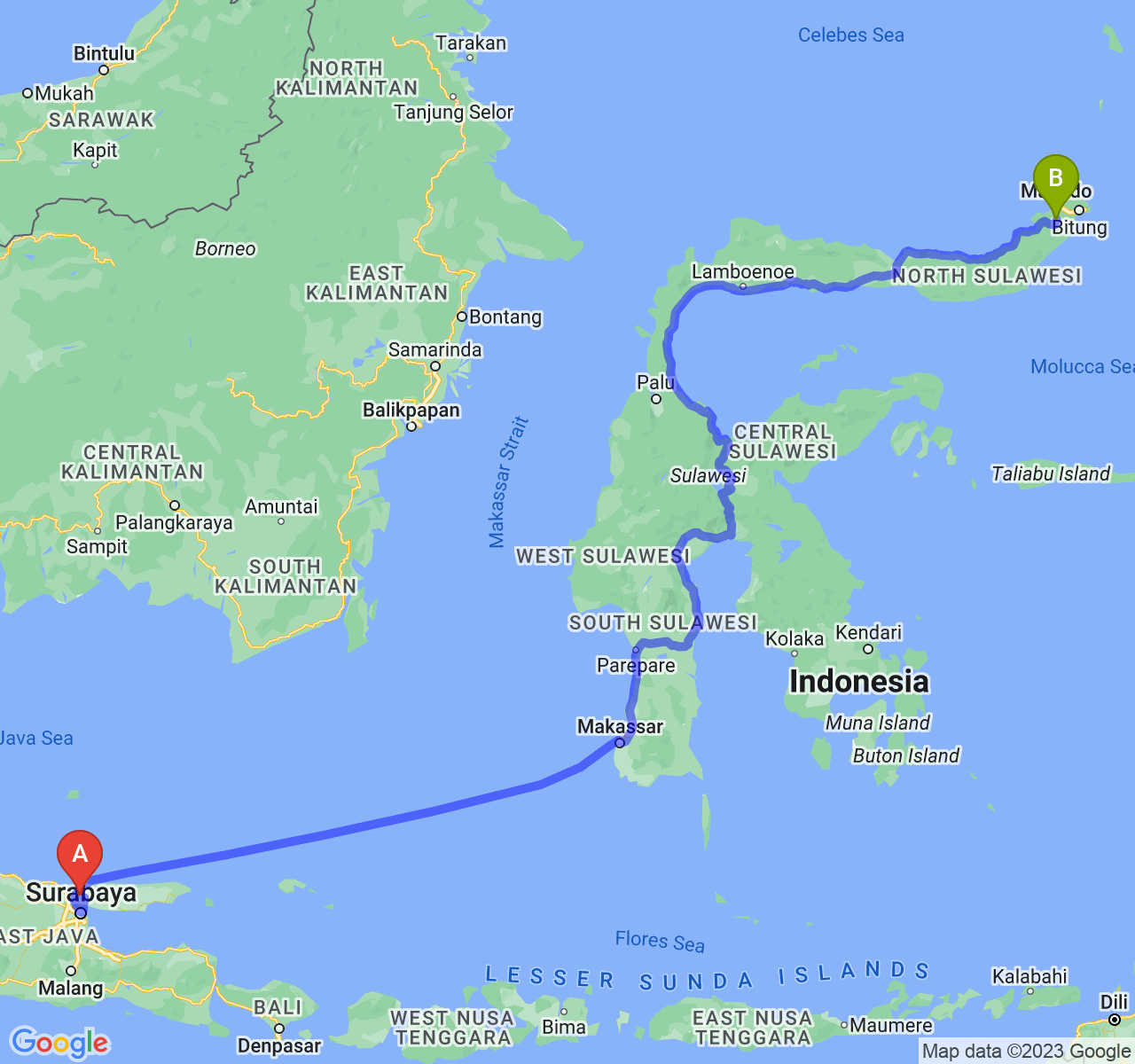 perjalanan dengan rute Kab. Bangkalan-Kota Tomohon