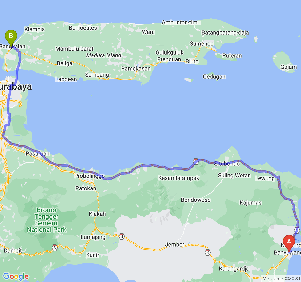 perjalanan dengan rute Kab. Banyuwangi-Kab. Bangkalan