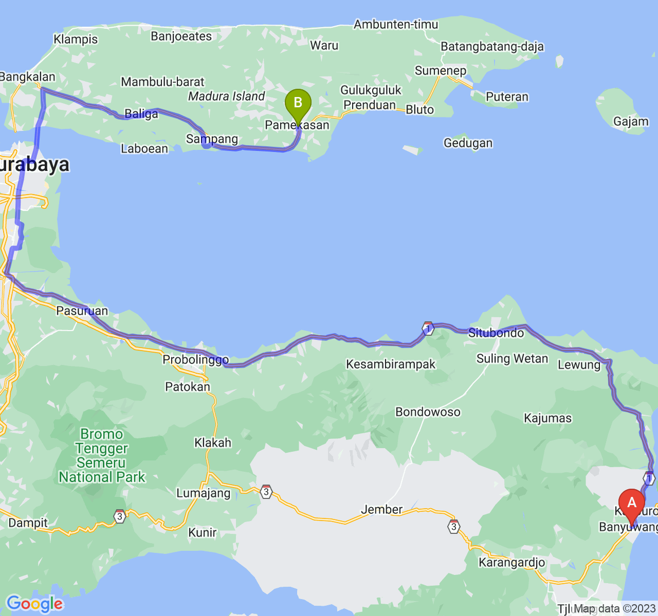 perjalanan dengan rute Kab. Banyuwangi-Kab. Pamekasan