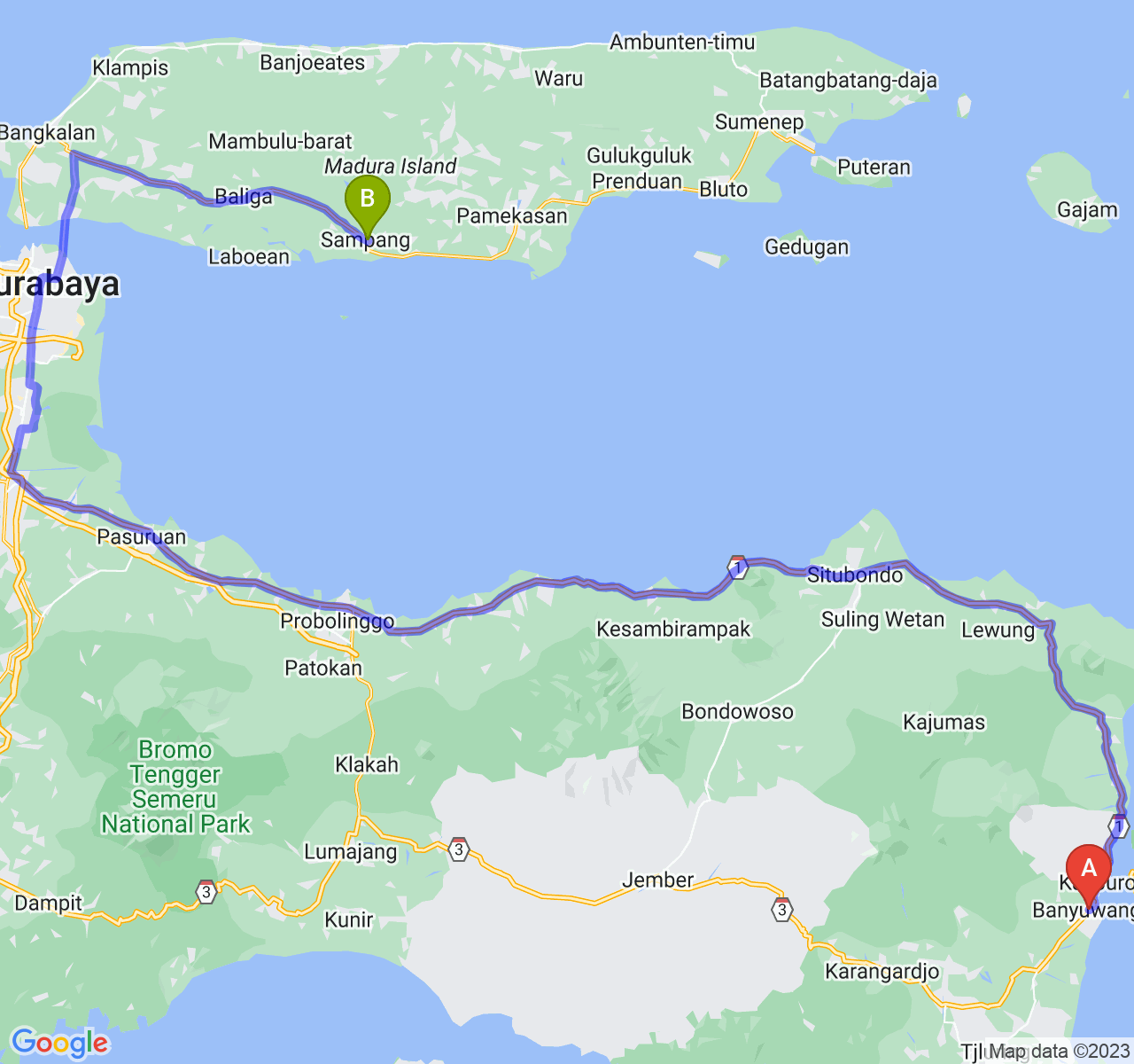 perjalanan dengan rute Kab. Banyuwangi-Kab. Sampang