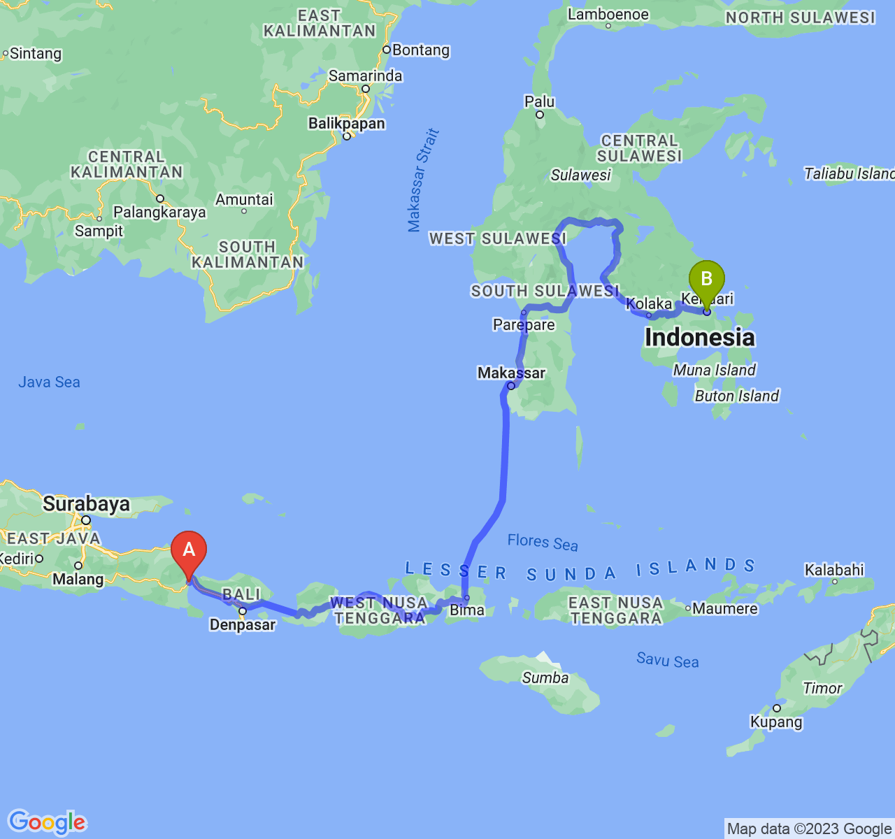 perjalanan dengan rute Kab. Banyuwangi-Kota Kendari